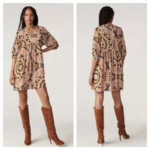 BA&SH Cleo V-Neck Mini Dress Size 8 Tie Dye Oversized Ikat Print Boho Casual